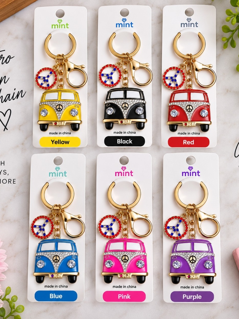 Rhinestone Retro Van Keychain Purse Charm w/ Peace Sign – Multiple Colors
